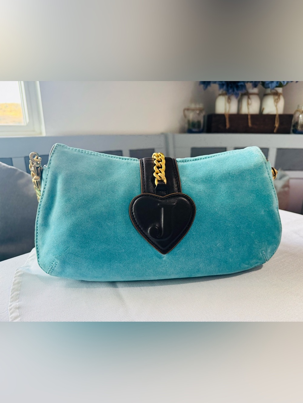 Rare Juicy Couture Y2K Teal Velour Rhinestone Darling Couture Shoulder Bag - Picture 3 of 12